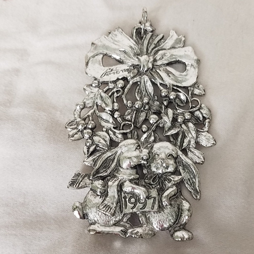 Arthur Court‎ Ornament Silver Excellent 1997 Bunnies Mistletoe Pewter Christmas